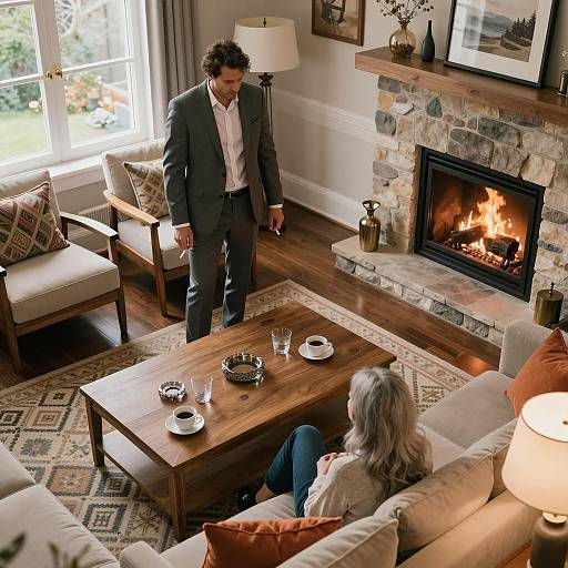 Man and Woman in Cozy Living Room with Fireplace