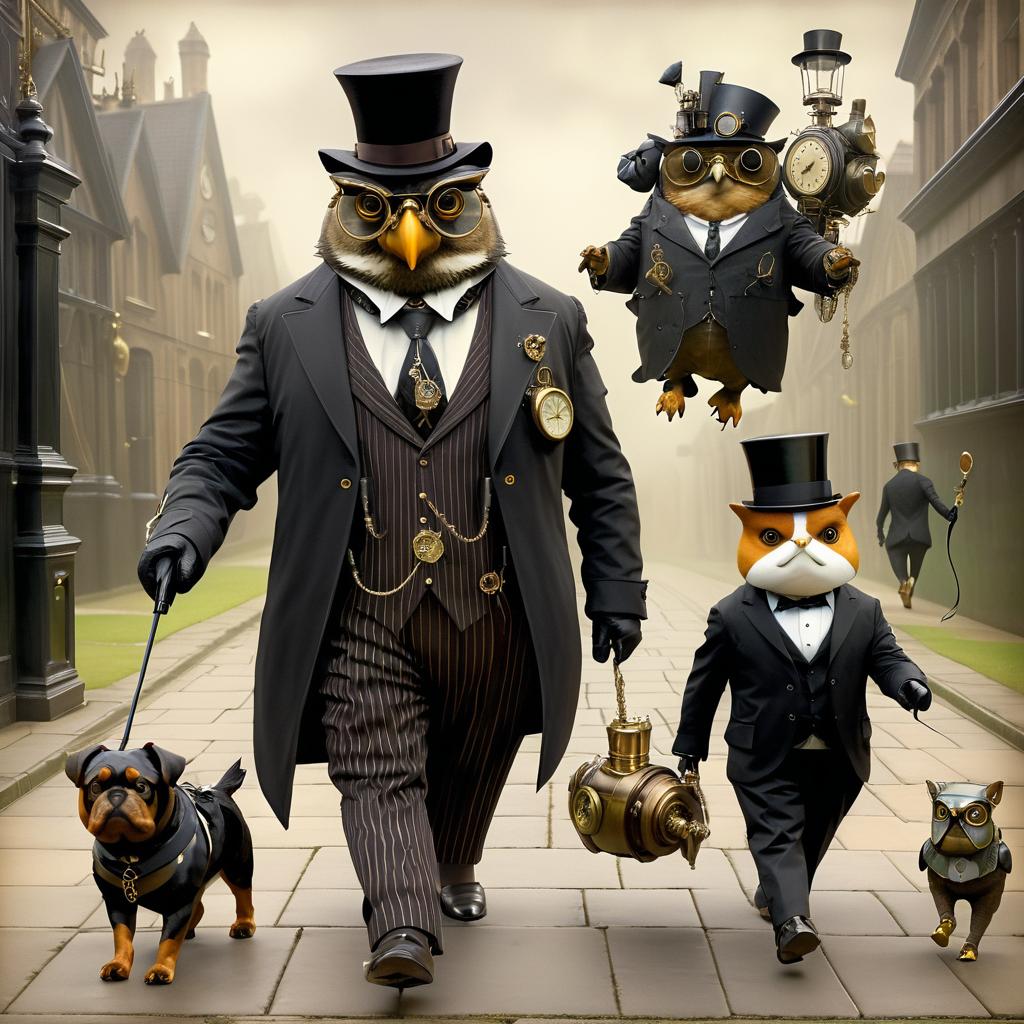 Steampunk Owl in Suit with Dogs