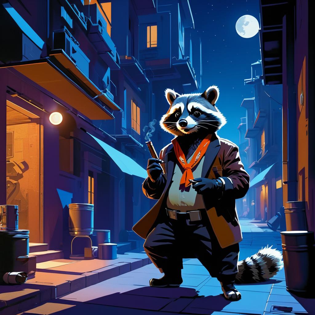 Clever Raccoon in Moonlit Alley Scene