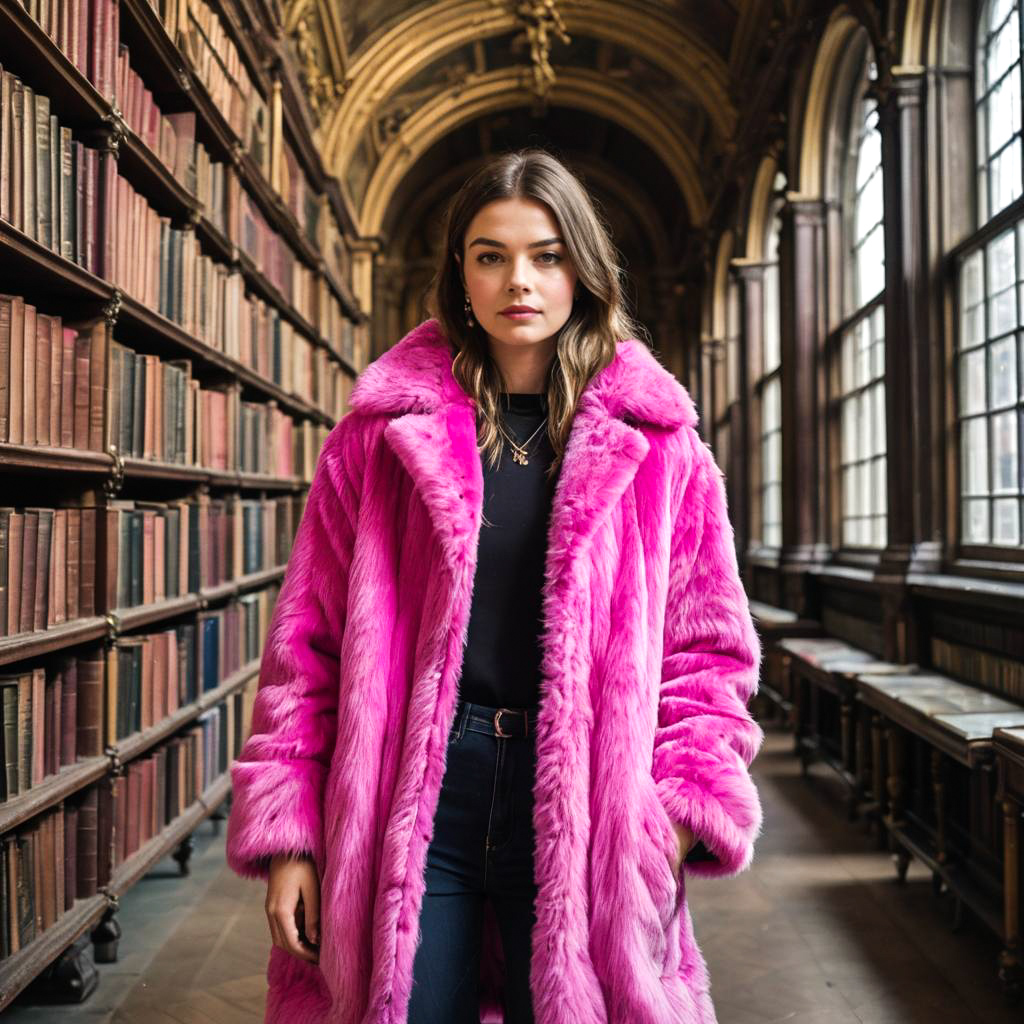 Vibrant Fashion in a Vintage Library