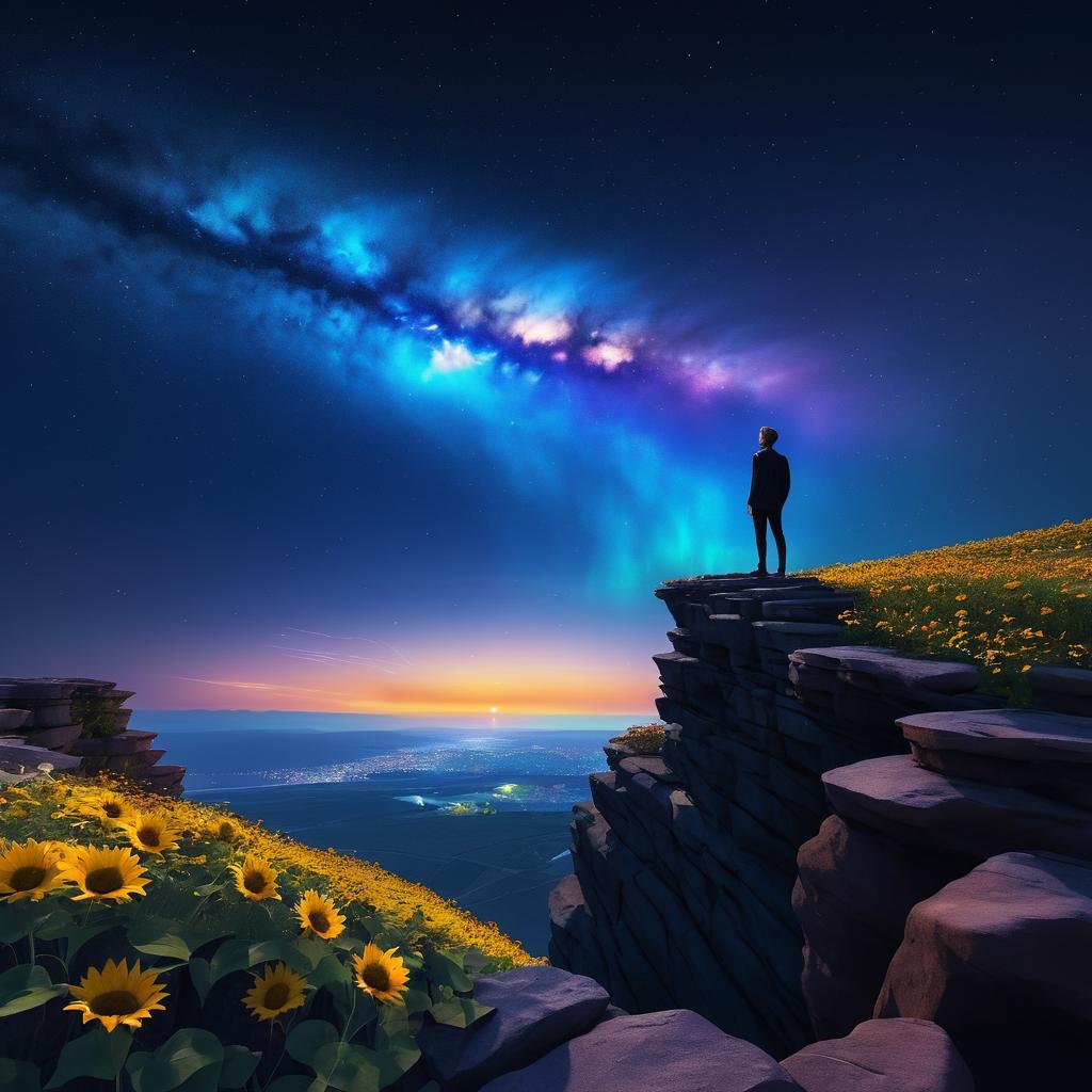 A Young Man on a Cliff Under Nebulae