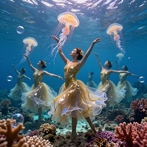 Photograph: Underwater ballet dancers in golden, translucent dresses dancing with jellyfish, surrounded by colorful coral and bubbles, illuminated by sunlight.