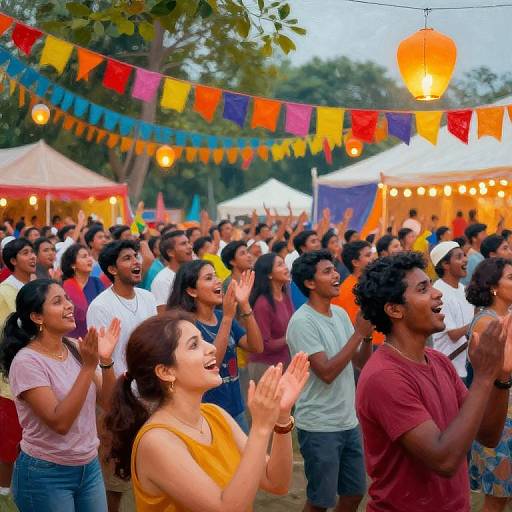 Photograph of a diverse crowd clapping outdoors at a colorful festival, with lanterns, bunting, and tents in the background.