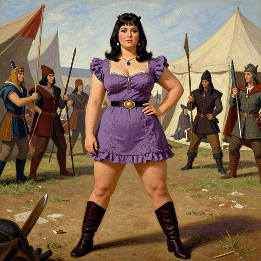 Digital painting of a confident, curvy woman in a purple dress and black boots, standing among medieval soldiers with flags and tents.
