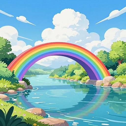 Vibrant digital illustration of a rainbow arching over a serene blue river, surrounded by green foliage and rocks, under a bright blue sky with white