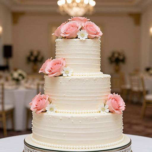 Photograph of a three-tiered white wedding cake adorned with pink roses, in an elegant, softly lit ballroom with chandeliers.