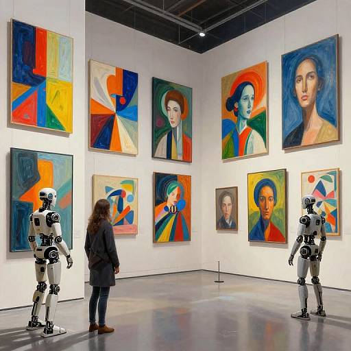 Photograph of an art gallery with human-like robots and a woman viewing colorful, expressive portraits on white walls.