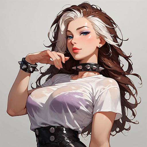 Digital illustration of a sexy woman with long, wavy brown and white hair, wearing a white shirt, black choker, and spiked bracelets, striking