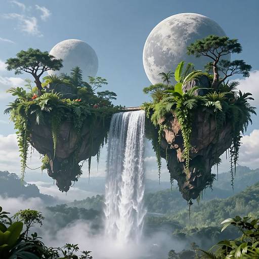 Digital artwork of two floating rock islands with lush greenery, large moon-like orbs, and a powerful waterfall cascading between them.