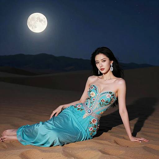 Woman in Turquoise Gown Reclining on Desert Sand at Night
