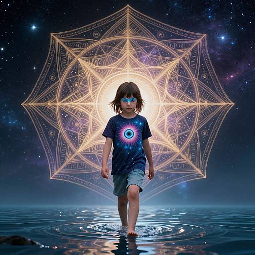 Digital artwork of a child with blue glowing eyes, wearing a neon star shirt, walking on water, with a glowing mandala backdrop. Space and stars