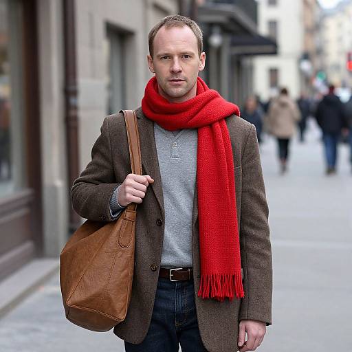 Photograph of a bald, Caucasian man with a red scarf, brown jacket, gray shirt, and brown bag, walking on a city street. Bl