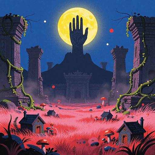 Surreal Fantasy Temple with Stone Hand and Moon