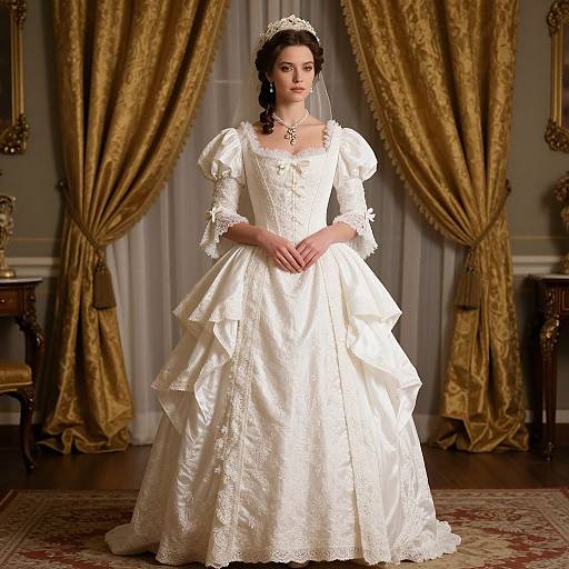 Photograph of a fair-skinned woman with dark hair, wearing a white, lace-trimmed, puffed-sleeve wedding gown, standing