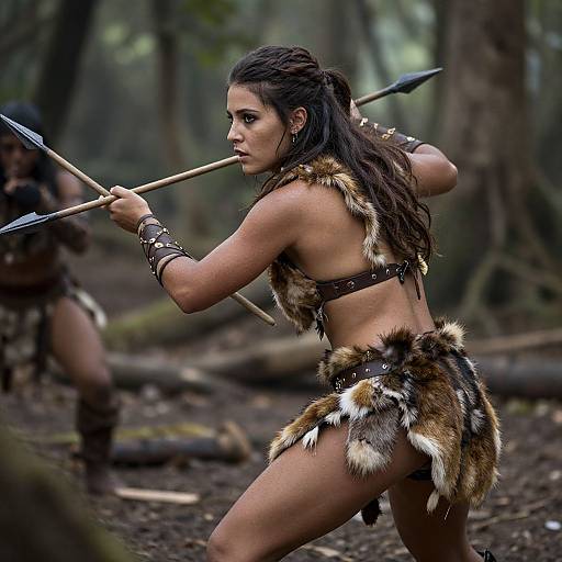 Photograph of a fierce, muscular woman with long brown hair, wearing fur clothing, holding a spear, in a dense forest. Other warriors in the
