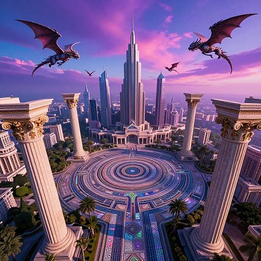 Digital art of a futuristic cityscape with towering skyscrapers, ornate columns, circular patterned plaza, and two dark dragons flying overhead.