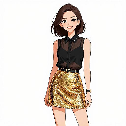 Digital anime-style drawing of a smiling woman with short brown hair, wearing a black sleeveless blouse and gold sequin skirt, against a white background.