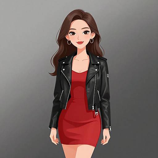 Digital illustration of a confident woman with long brown hair, wearing a red dress and black leather jacket, standing against a gradient gray background.