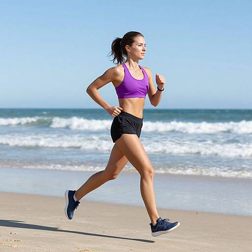 Photograph of a fit, tan-skinned woman with dark hair in a ponytail, running on a sunny beach in a purple sports bra, black