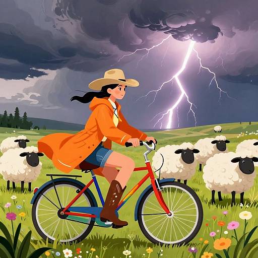 Digital illustration of a woman in an orange coat and hat, riding a red bicycle through a stormy field with lightning, sheep, and colorful flowers.