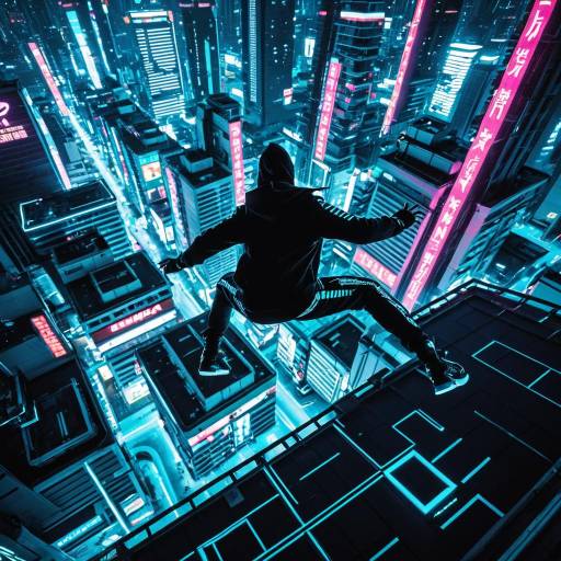 Cyber Ninja Leaping Between Neon Rooftops