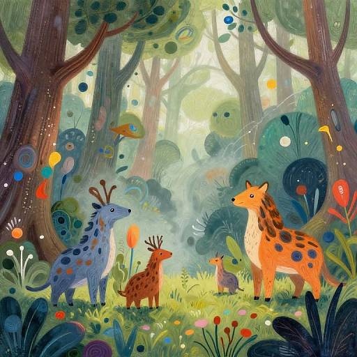 Whimsical forest illustration with colorful, spotted animals (giraffes and deer) standing among vibrant plants, glowing orbs, and sunlight filtering through