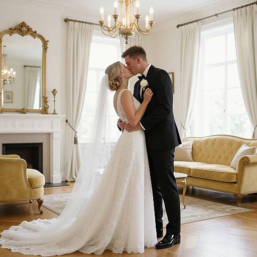 Photograph of a blonde bride in a white lace gown and a groom in a black tuxedo kissing in an elegant, bright living room with ch
