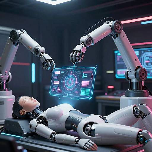 Photorealistic CGI: A humanoid robot with white and black joints lies on a table, surrounded by robotic arms, with a holographic interface displaying data