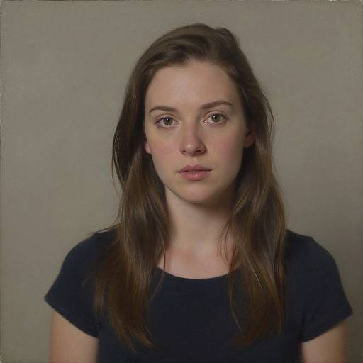Photograph of a young Caucasian woman with fair skin, brown eyes, and long brown hair, wearing a black shirt, against a plain gray background.