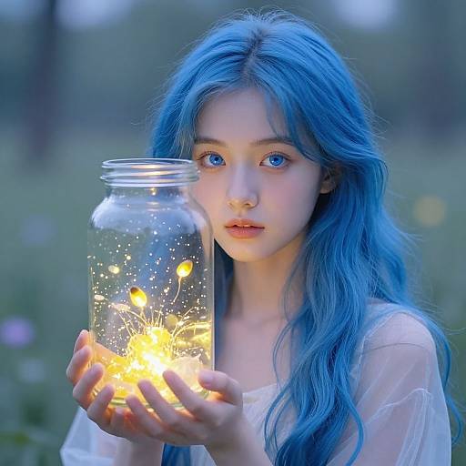 Indigo-Haired Girl with Fireflies