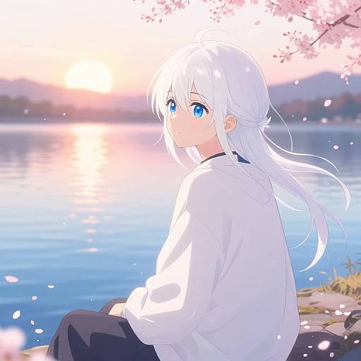 Anime-style digital drawing of a white-haired, blue-eyed character with long hair, wearing a white shirt, sitting by a serene lake at sunset, with