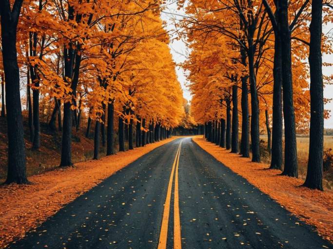 Autumn Roadside with Orange Leaf Trees
