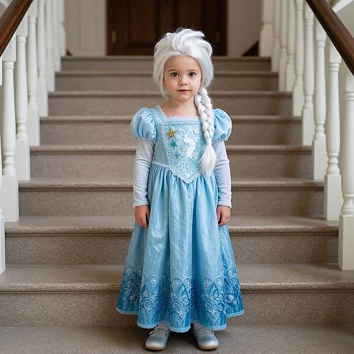 Photograph of a young girl with white hair in a braid, wearing a light blue Frozen-inspired dress, standing on carpeted stairs with white rail