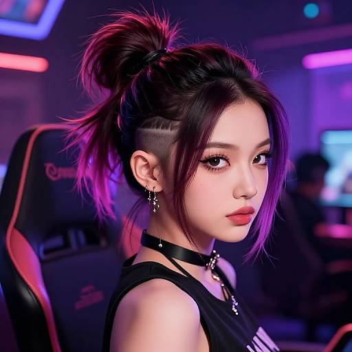 Digital artwork of an Asian woman with purple-tipped black hair, undercut, and side bun, wearing a black choker and tank top, in a