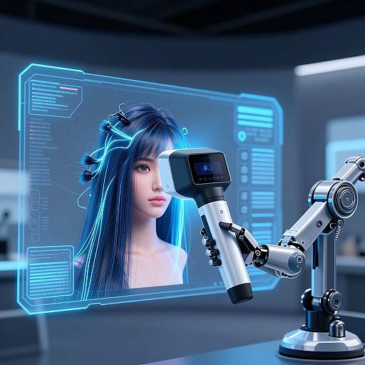 Photorealistic CGI: Asian woman with long blue-lit hair and cybernetic hair accessories, projected on holographic screen, being scanned by robotic