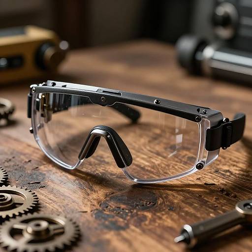 Photograph of a transparent, black-accented, futuristic safety visor on a rustic wooden table with metallic gears and tools in the background.