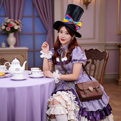 Photograph of an Asian woman in Victorian-style dress, black top hat with colorful bow, sitting at a tea table, purple room.
