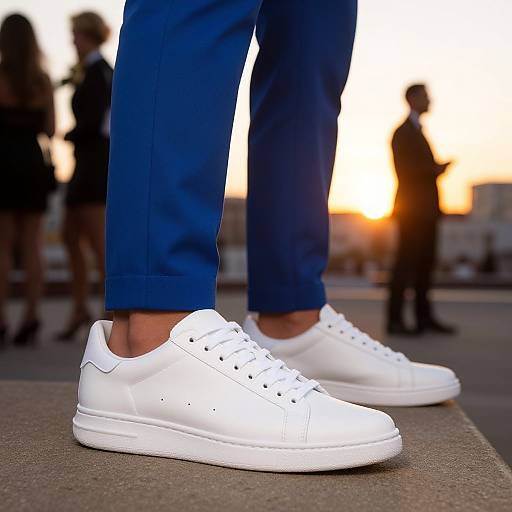 Photograph of white sneakers on concrete, blue pants, blurred silhouettes of people and sunset in background, emphasizing casual style.