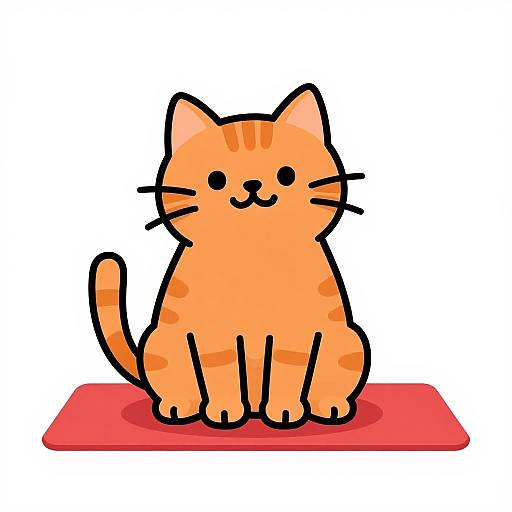 Cute, cartoon-style orange tabby cat with black stripes, sitting on a red mat, smiling with simple black eyes and whiskers. Digital drawing