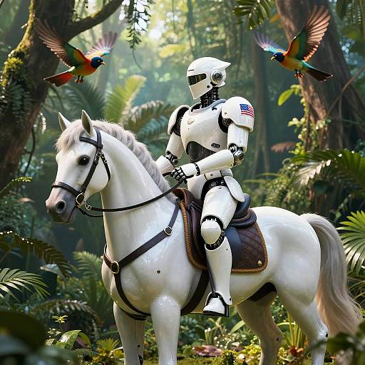 Photorealistic digital art: Robotic soldier with American flag patch rides white horse in lush jungle, two colorful parrots fly overhead.