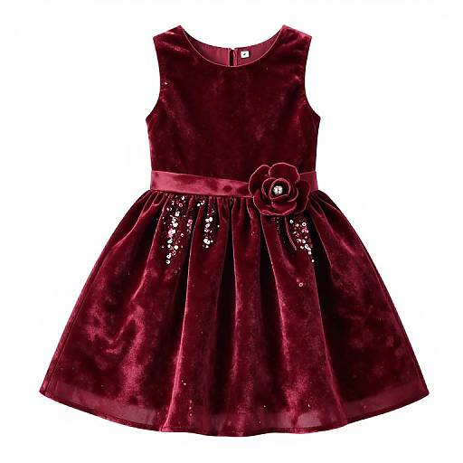 Photograph of a sleeveless, deep burgundy velvet dress with sparkling sequins on the skirt and a matching rose brooch on the waistband.