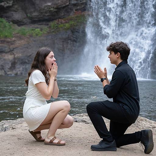 Photograph of a man and woman kneeling on a rocky shore, hands clasped, in front of a cascading waterfall. Woman wears white dress,