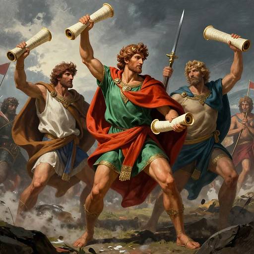 Digital painting of three muscular, ancient Greek warriors with curly hair, holding scrolls and spears, in dynamic battle stance, under stormy sky.