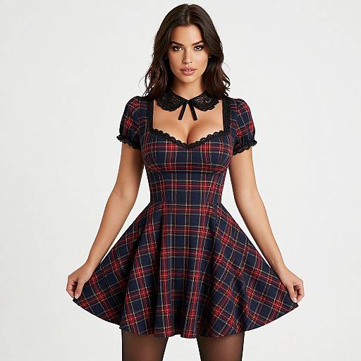 Photograph of a dark-haired woman in a black red plaid dress with lace collar, short puffed sleeves, and black stockings, standing against a
