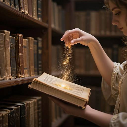 Photograph of a woman in a library, gently sprinkling golden sparkles from her fingers onto an open, glowing book.