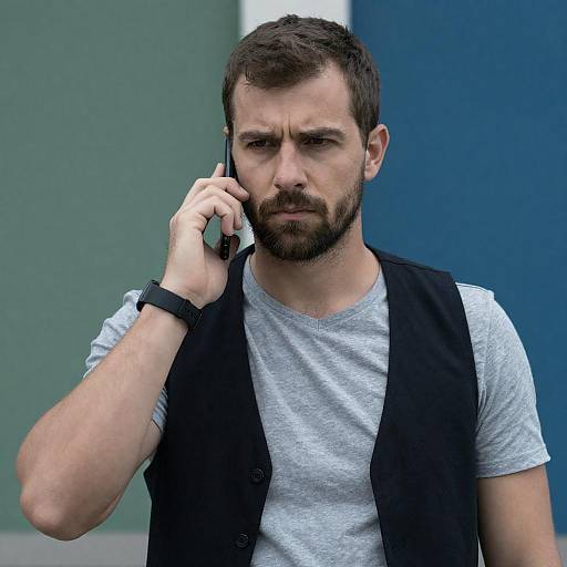 Serious Bearded Man on Phone