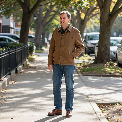 Photograph of a smiling middle-aged man with short brown hair, wearing a brown jacket, blue jeans, and brown shoes, standing on a sunlit