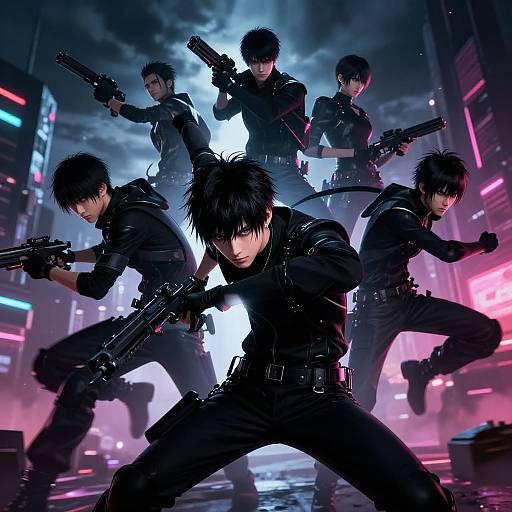 Digital anime art of five black-clad, serious-looking men with guns in a neon-lit, futuristic cityscape, posing in aggressive stances.