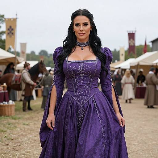 Photograph of a woman with long black hair in a detailed, purple, Victorian-style gown with silver embroidery, standing in a medieval fairground with tents