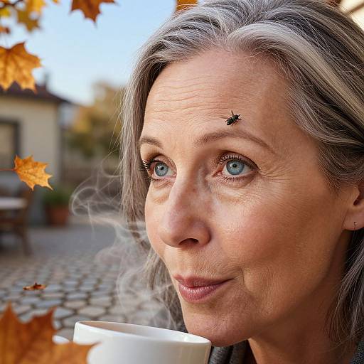 Photograph of a middle-aged woman with silver hair, blue eyes, and a black mole above her right eyebrow, holding a steaming white coffee cup